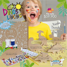 Cargar imagen en el visor de la galería, 6 dinosaurios en mdf de 12 mm, temperas no tóxicas, dos pinceles, stickers para decorar el proyecto.