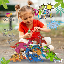 Cargar imagen en el visor de la galería, 6 dinosaurios en mdf de 12 mm, temperas no tóxicas, dos pinceles, stickers para decorar el proyecto.
