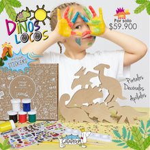 Cargar imagen en el visor de la galería, 6 dinosaurios en mdf de 12 mm, temperas no tóxicas, dos pinceles, stickers para decorar el proyecto.
