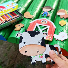 Cargar imagen en el visor de la galería, Granja para pintar en madera mdf, 8 figuras (Granjero, granero, cerdito, oveja, gallina, pollito, vaca y caballo), 6 temperas, dos pinceles y cartilla para colorear.