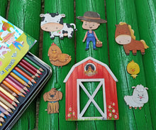 Cargar imagen en el visor de la galería, Granja para pintar en madera mdf, 8 figuras (Granjero, granero, cerdito, oveja, gallina, pollito, vaca y caballo), 6 temperas, dos pinceles y cartilla para colorear.