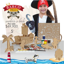 Cargar imagen en el visor de la galería, Barco pirata armable: proyecto en madera mdf (Barco, 4 piratas, cañón, vela, timón, gaviota, tiburón, palmera, tesoro, ancla) Temperas, stickers para decorar el proyecto, pegante líquido, pincel suave)