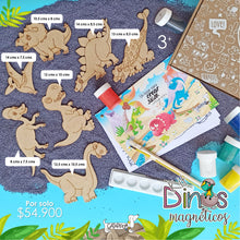 Cargar imagen en el visor de la galería, Con el kit dinos magnéticos puedes pintar 7 geniales dinosaurios delineados que facilitarán la hora de pintar o colorear. Podrás pintar 7 dinosaurios en madera mdf de 3 mm, colorear la cartilla que trae el kit e imaginar fantásticas historias jurásicas.
