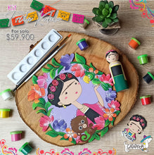 Cargar imagen en el visor de la galería, Frida para pintar en madera, peg doll, cuadro y Frida magnética. Pinturas acrílicas, pincel suave, pincel delineador.