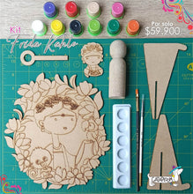 Cargar imagen en el visor de la galería, Frida para pintar en madera, peg doll, cuadro y Frida magnética. Pinturas acrílicas, pincel suave, pincel delineador.