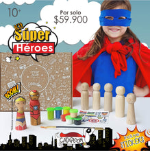 Cargar imagen en el visor de la galería, 5 muñecos Waldorf para pintar y decorar con los personajes de los Avengers o la Liga de la justicia, incluye pinturas acrílicas no tóxicas, pincel delineador, pincel suave y stickers para decorar el proyecto.