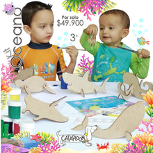 Cargar imagen en el visor de la galería, 5 ANIMALES MARINOS ARMABLES EN MADERA MDF, 6 TEMPERAS, DOS PINCELES, MINI PALETA MEZCLADORA, CARTILLA PARA COLOREAR DE 9 PÁGINAS