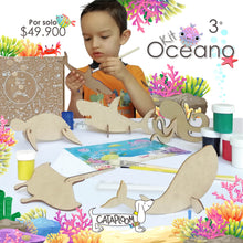 Cargar imagen en el visor de la galería, 5 ANIMALES MARINOS ARMABLES EN MADERA MDF, 6 TEMPERAS, DOS PINCELES, MINI PALETA MEZCLADORA, CARTILLA PARA COLOREAR DE 9 PÁGINAS