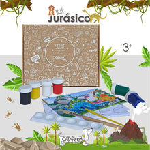 Cargar imagen en el visor de la galería, Kit Jurasico, arma tus dinos, píntalos, decoralos y luego colorea la cartilla de 9 páginas. Contiene temperas no tóxicas por 6 unidades, dos pinceles y mini paleta mezcladora.
