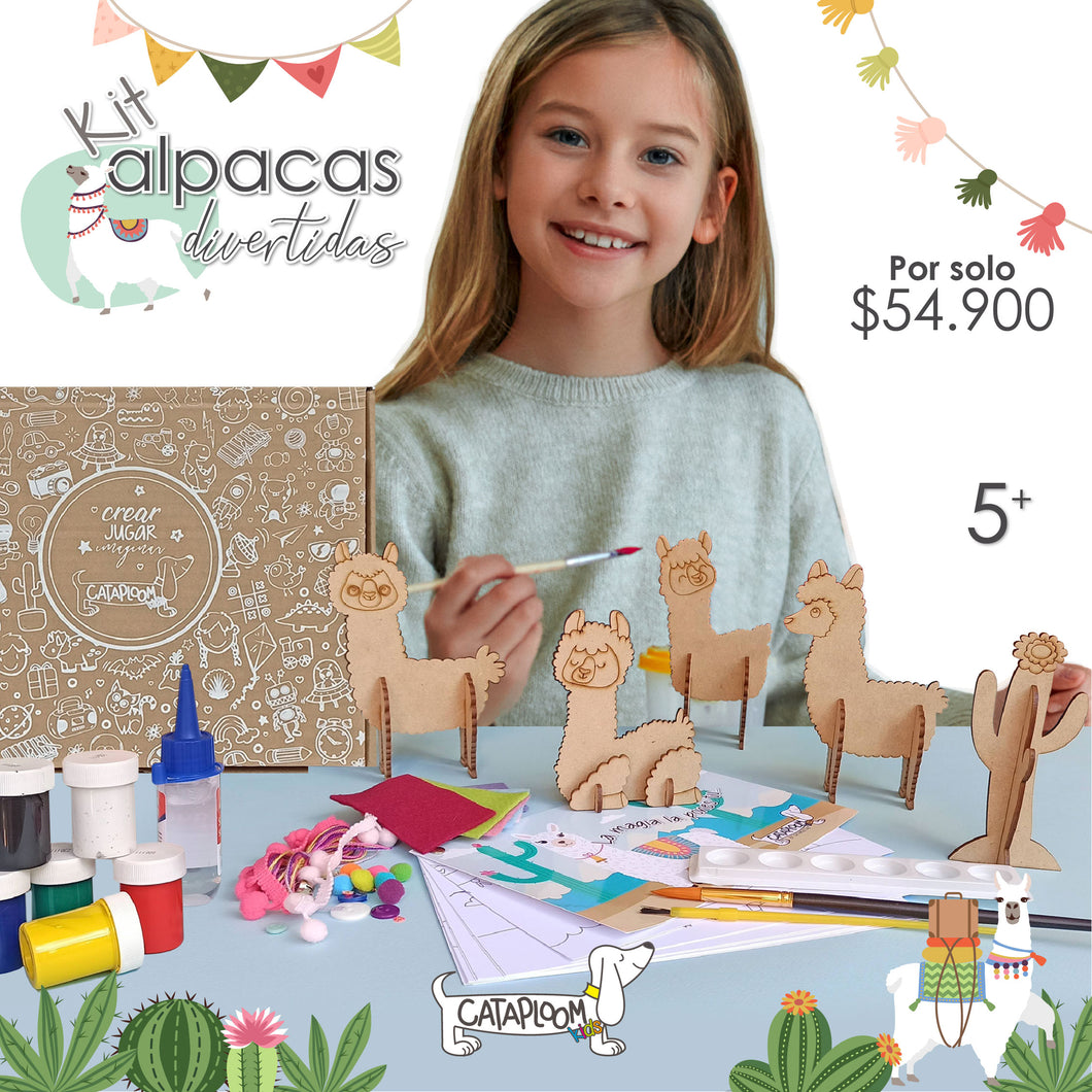 4 alpacas para encajar en madera mdf, un cactus, accesorios para decorarlas, silicona líquida, temperas no tóxicas, cartilla para colorear de 9 páginas, 2 pinceles