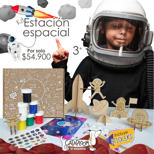 Kit estación espacial para ensamblar, en madera mdf de 2,5 mm,6 figuras, temperas no tóxicas, stickers para decorar el proyecto, cartilla para colorear de 9 páginas.