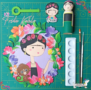 Frida para pintar en madera, peg doll, cuadro y Frida magnética. Pinturas acrílicas, pincel suave, pincel delineador.