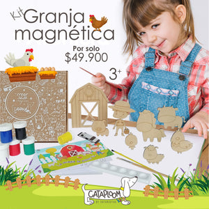 Granja para pintar en madera mdf, 8 figuras (Granjero, granero, cerdito, oveja, gallina, pollito, vaca y caballo), 6 temperas, dos pinceles y cartilla para colorear.