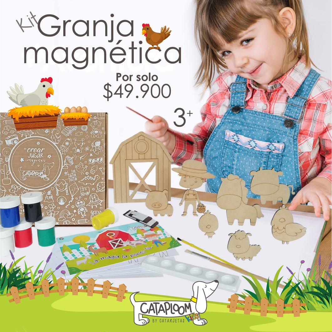 Granja para pintar en madera mdf, 8 figuras (Granjero, granero, cerdito, oveja, gallina, pollito, vaca y caballo), 6 temperas, dos pinceles y cartilla para colorear.